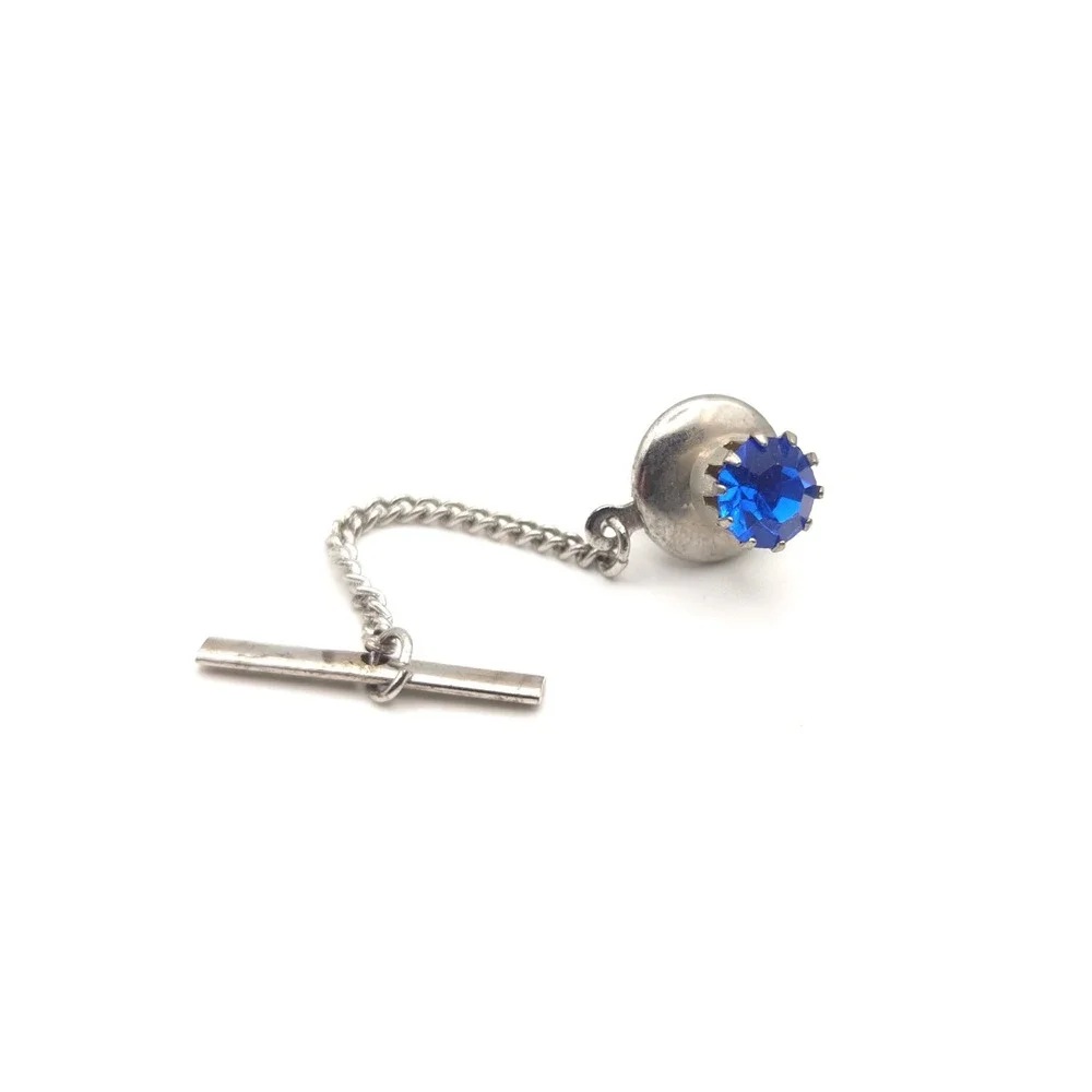 Vintage‎ Silver Tone Cobalt Blue Rhinestone Tie Tack with Safety Chain T-Bar